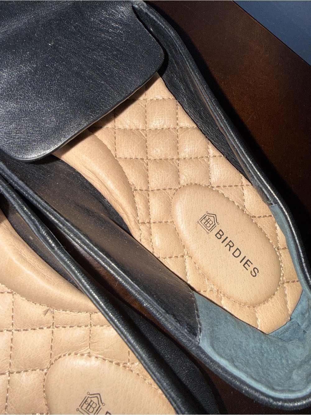 Birdies Black Leather Quilted-Insole Women's Flats